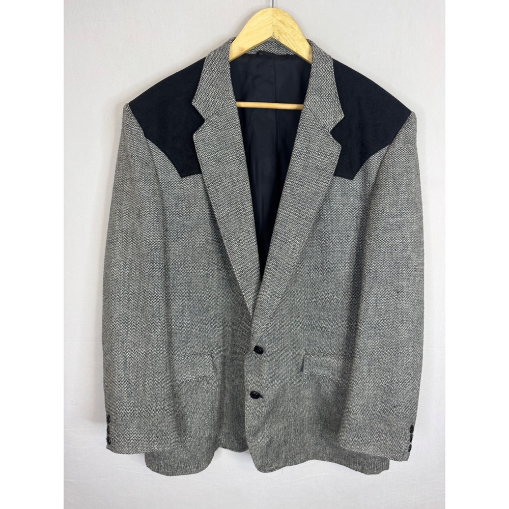 Circle S Mens Western Blazer 48L Grey Herringbone Suede Yoke Sport Coat USA Made